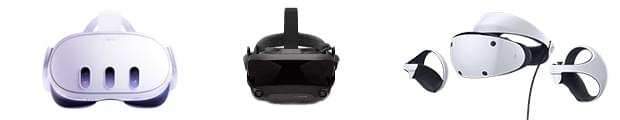 Drei verschiedene VR-Geräte: die Meta Quest 3, die Valve Index und die Sony PSVR2.