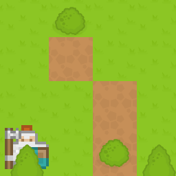 Ein Raster geschichteter Hintergrundgelände. Ein Busch-Tile wird oben über einem großen Grasgelände und erneut über einem geschichteten rechteckigen Gelände mit braunem Sand am unteren Rand gerendert. Ein Baum-Tile wird unten links über dem Grasgelände und erneut unten rechts gerendert. Ein Ritter-Tile erscheint hinter dem Baum-Tile, das unten links gerendert wird.