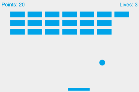 Pantalla del juego MDN Breakout creado con JavaScript puro, en la que usas la paleta para hacer rebotar la pelota y destruir el muro de ladrillos, mientras se llevan los puntos y las vidas.