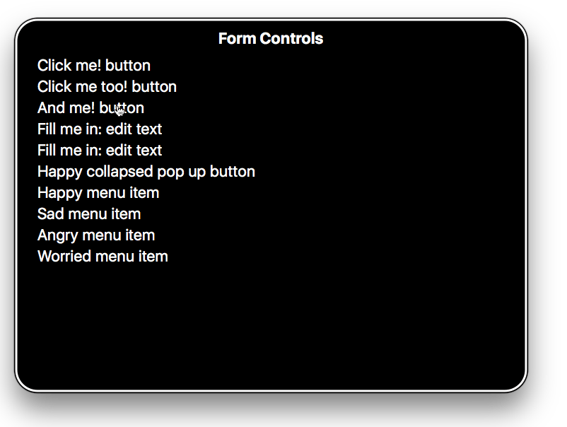 List of form input labels being listed by VoiceOver software on Mac. This list contains meaningless labels like 'happy menu button' given to various form controls like button, textfield and link