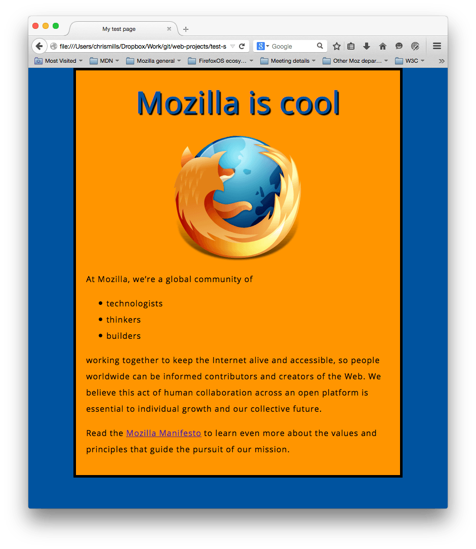 Ein Mozilla-Logo, zentriert, und eine Überschrift und Absätze. Es sieht jetzt schön stilisiert aus, mit einem blauen Hintergrund für die gesamte Seite und einem orangefarbenen Hintergrund für den zentrierten Hauptinhaltsstreifen.