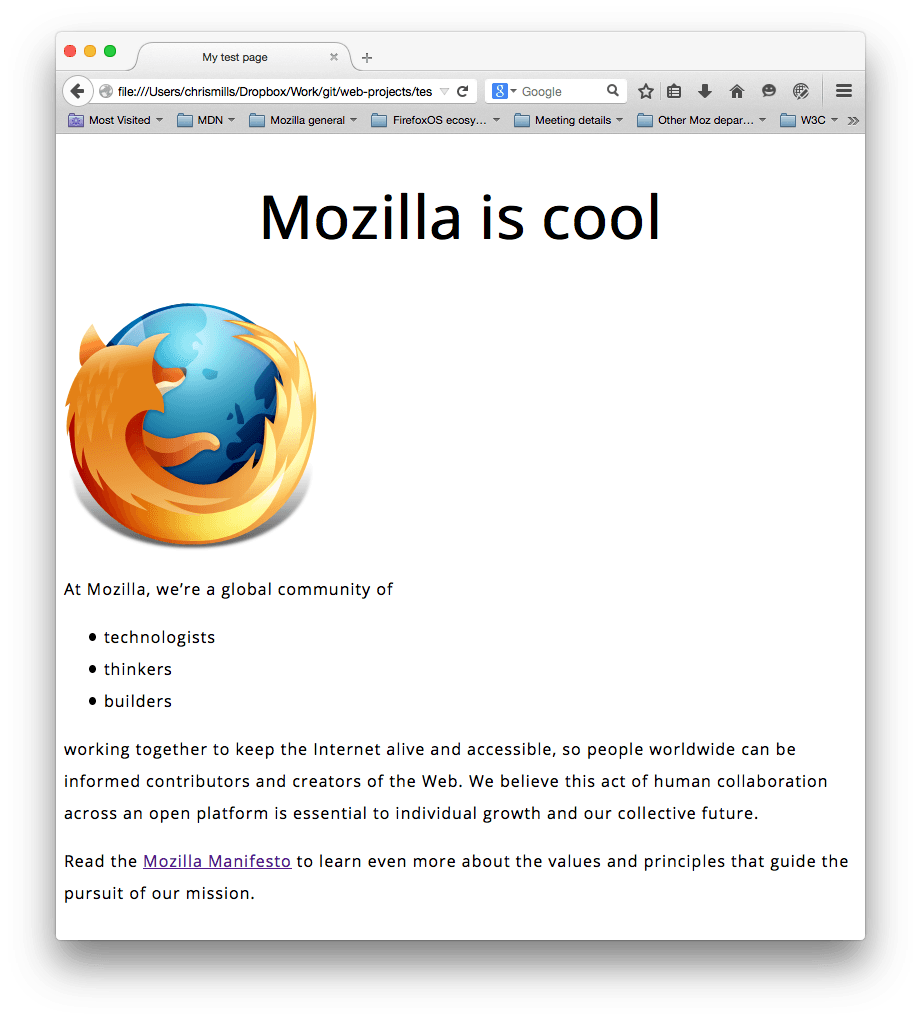 Ein Mozilla-Logo und einige Absätze. Eine serifenlose Schriftart wurde eingestellt, die Schriftgrößen, Zeilenhöhe und der Buchstabenabstand sind angepasst, und die Hauptseite wurde zentriert