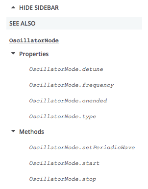 Dieser Screenshot zeigt ein vertikales Navigationsmenü für das Interface OscillatorNode mit mehreren Unterlisten für Methoden und Properties, das vom Makro APIRef erzeugt wurde