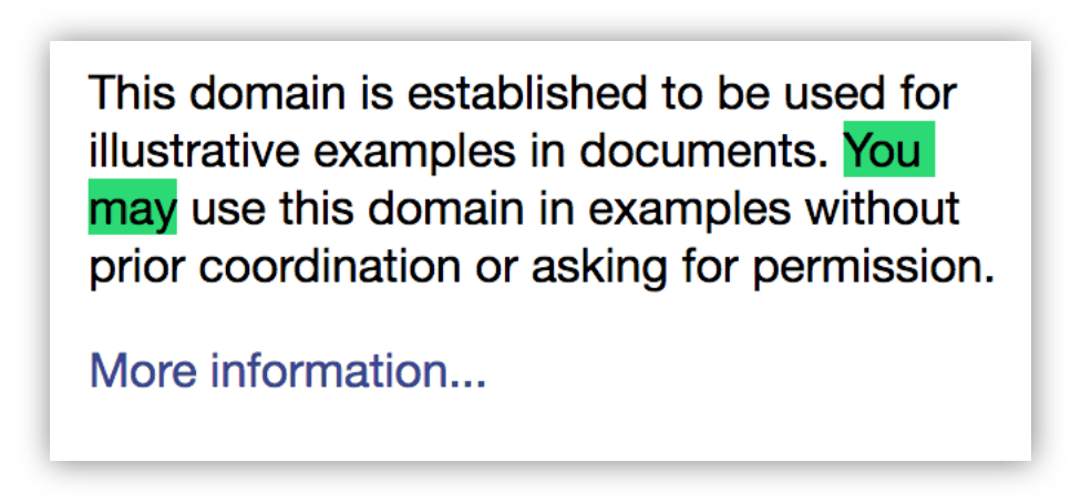 Text reading "This domain is established to be used for illustrative examples in documents. You may use this domain in examples without prior coordination or asking for permission." The words "you may" are highlighted.