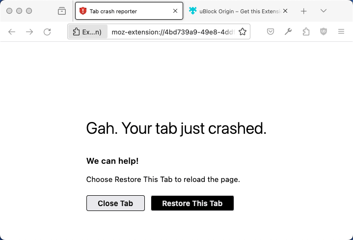 Browserfenster zeigt die Benutzermeldung an, die angibt, dass eine Seite abgestürzt ist, mit den Optionen, den Tab zu schließen oder neu zu starten