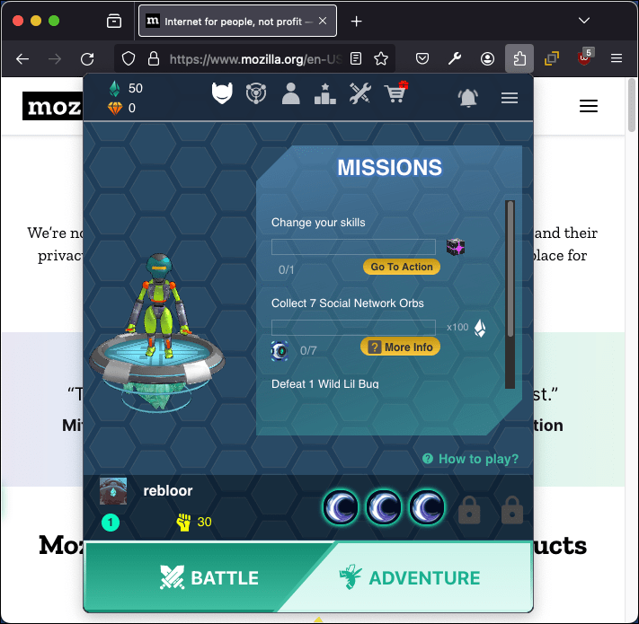 プレイ状況を示し、バトルやアドベンチャーを開始するためのオプションを提供する「デダリウム」のポップアップ。