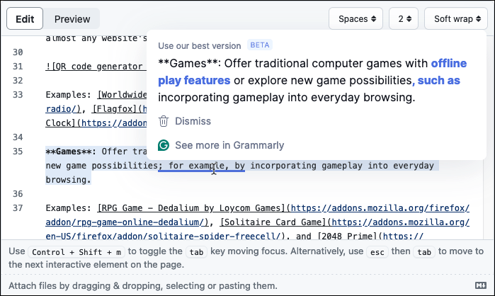 GitHub エディター内で編集のヒントを提供する Grammarly 拡張機能。