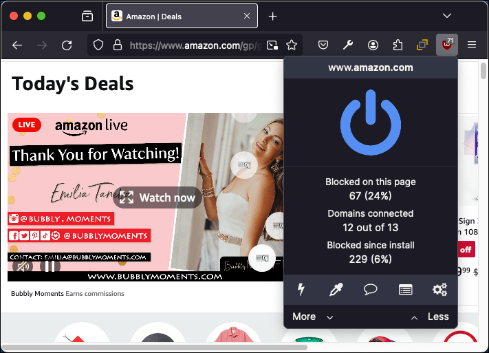 uBlock Origin のポップアップは、ブロックされたトラッカーの統計情報を示します。