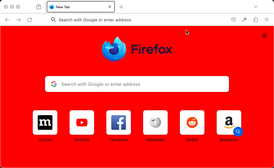 Firefox zeigt eine Seite „Neuer Tab“ mit rotem Hintergrund.