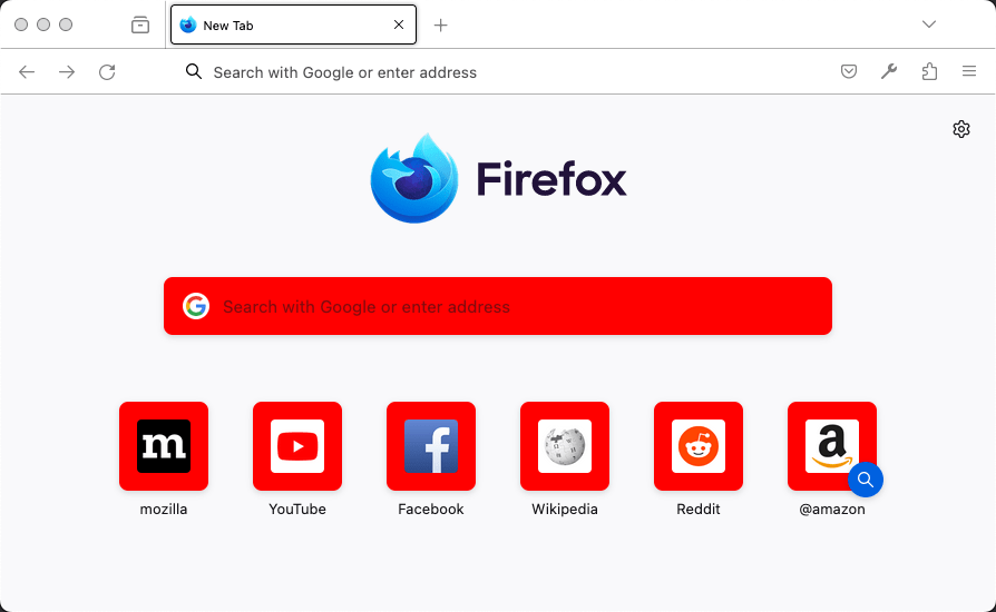 Firefox zeigt eine Seite „Neuer Tab“. Die Hintergründe der Suchleiste und der Verknüpfungsschaltflächen auf der Seite sind rot.