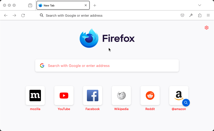 Firefox zeigt eine Seite „Neuer Tab“. Der Text auf der Seite ist rot.
