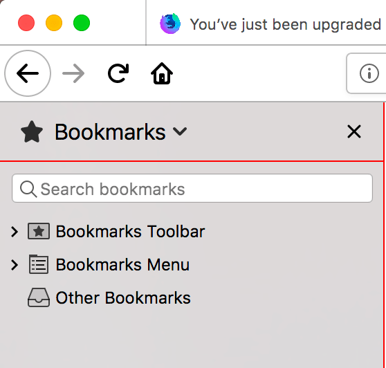 Nahaufnahme der Lesezeichen-Sidebar von Firefox mit einer roten horizontalen Trennlinie zwischen dem Titel der Sidebar und ihrem Menü. Die Rahmen- und Trennlinienfarbe der Sidebar ist rot.