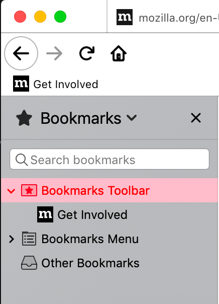 Nahaufnahme der Lesezeichen-Sidebar von Firefox mit einem hervorgehobenen Eintrag. Der Text der hervorgehobenen Zeile ist rot und hebt sich gut vom rosafarbenen Hintergrund ab.