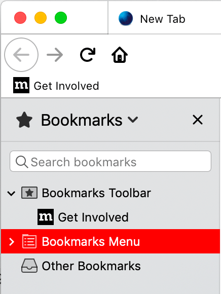 Nahaufnahme der Lesezeichen-Sidebar von Firefox mit einem hervorgehobenen Eintrag. Die hervorgehobene Zeile hat einen roten Hintergrund und weißen Text.