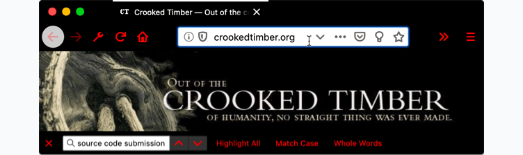 Firefox ist schwarz. Der Browser-Tab ist schwarz mit weißem Text. Die URL-Leiste und die Suchleiste sind weiß mit schwarzem Text, aber alle Symbole des Browsers und der Suchleiste sind rot.