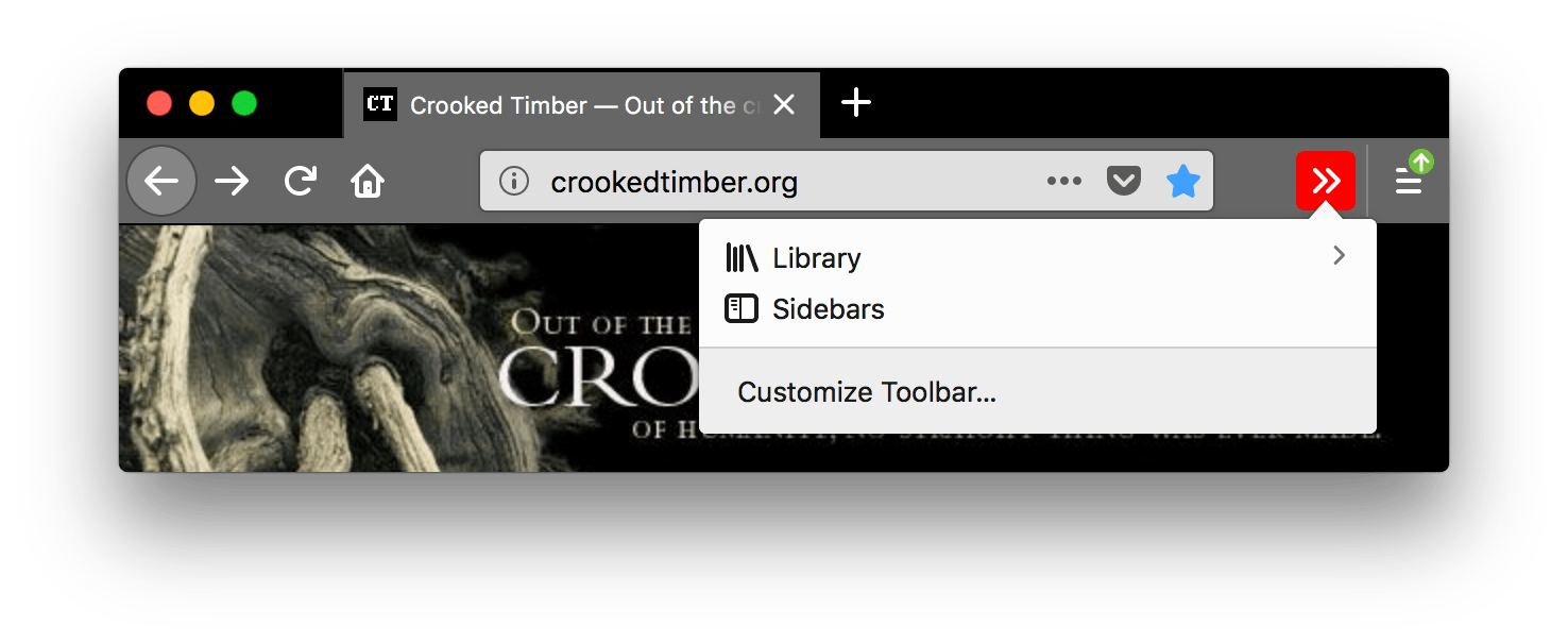 Firefox ist schwarz. Die Tabs und die URL-Leiste sind grau mit weißem Text. Das Symbol zum Anpassen der Symbolleiste in der URL-Leiste ist weiß auf rotem Hintergrund und gedrückt. Ein geöffnetes Popup zeigt eine kurze Liste von Elementen an, die der Symbolleiste hinzugefügt werden können, darunter die Browser-Bibliothek und die Sidebars.