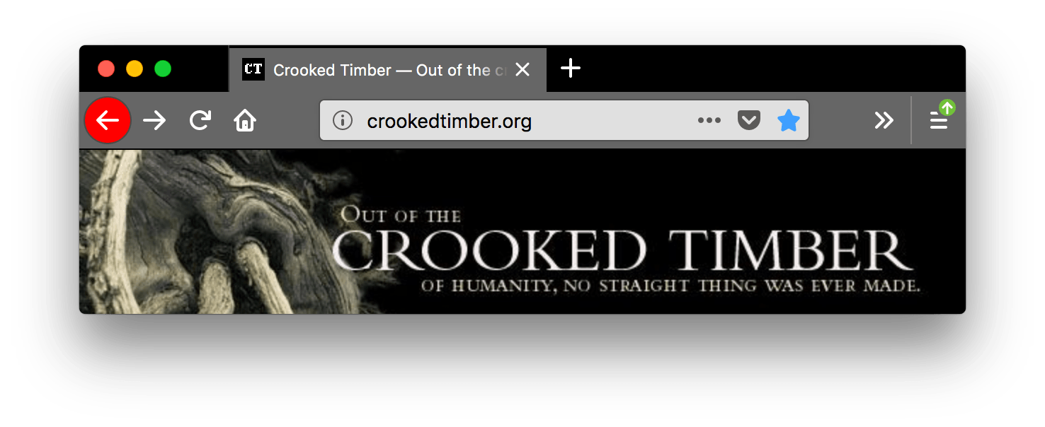 Firefox ist schwarz. Die Tabs und die URL-Leiste sind grau mit weißem Text. Das Symbol zum Zurücknavigieren ist weiß auf einem roten kreisförmigen Hintergrund.