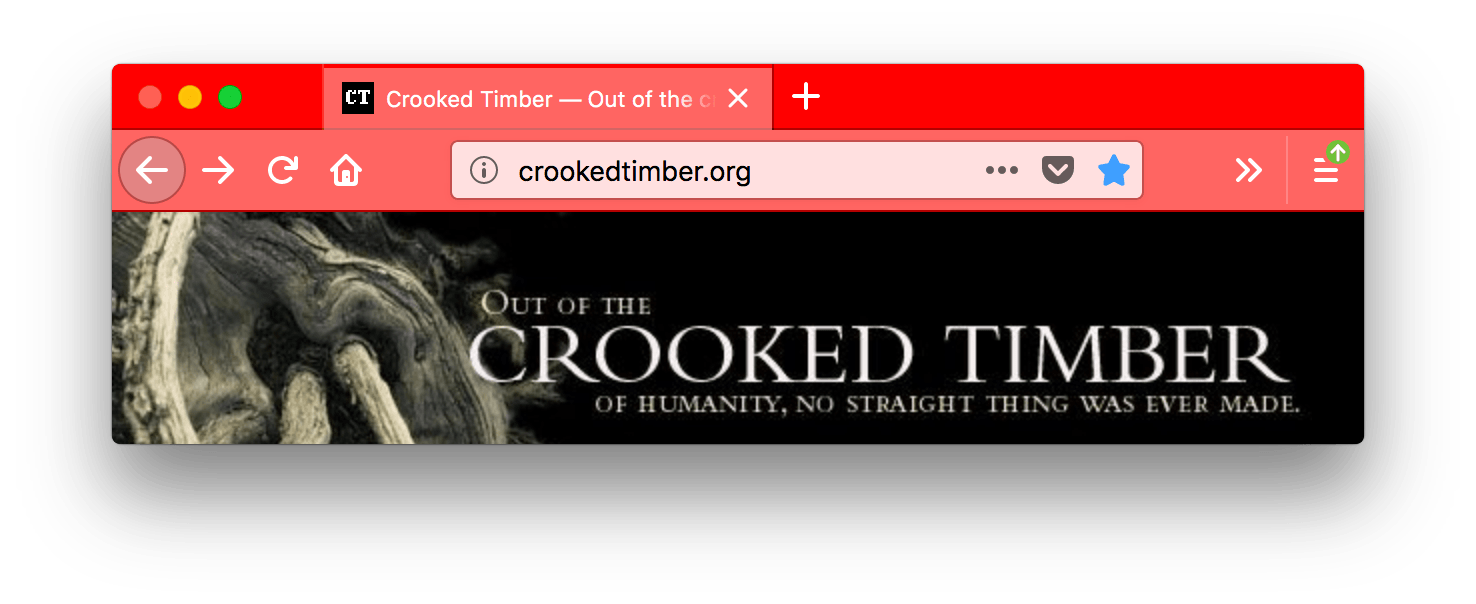 Firefox ist rot mit weißem Text. Die Browser-Tabs sind heller rot, ebenfalls mit weißem Text. Die URL-Leiste ist sehr hellrot mit schwarzem Text.