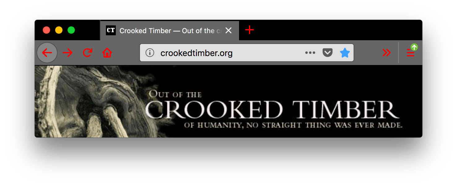 Firefox ist schwarz. Die Tabs und die URL-Leiste sind grau mit weißem Text. Die Symbole der URL-Leiste und zum Öffnen eines neuen Tabs sind rot. Die roten Symbole heben sich gut vom schwarzen Hintergrund des Header-Bereichs ab.