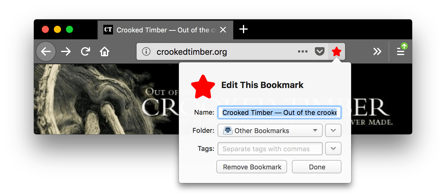 Firefox ist schwarz. Die Tabs und die URL-Leiste sind grau mit weißem Text. Das Symbol zum Setzen eines Lesezeichens für diese Seite ist rot und gedrückt; ein Popup zum Bearbeiten des Lesezeichens ist geöffnet. Im Aufmerksamkeitszustand heben sich die Symbolleistensymbole gut vom schwarzen Hintergrund des Header-Bereichs ab.