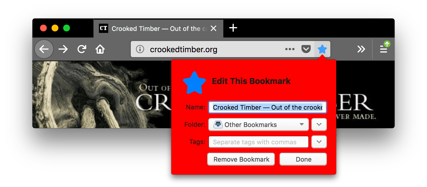 Firefox ist schwarz. Die Tabs und die URL-Leiste sind heller grau mit weißen Symbolen und weißem Text. Das Symbol zum Setzen eines Lesezeichens für diese Seite ist blau und gedrückt. Ein Popup zum Bearbeiten des Lesezeichens mit rotem Hintergrund ist geöffnet.