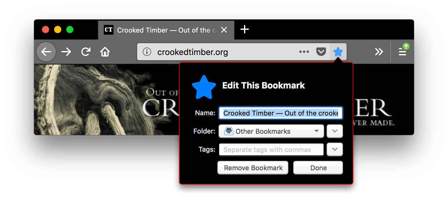 Firefox ist schwarz. Die Tabs und die URL-Leiste sind heller grau mit weißen Symbolen und weißem Text. Das Symbol zum Setzen eines Lesezeichens für diese Seite ist blau und gedrückt. Ein Popup zum Bearbeiten des Lesezeichens mit schwarzem Hintergrund und rotem Rahmen ist geöffnet.