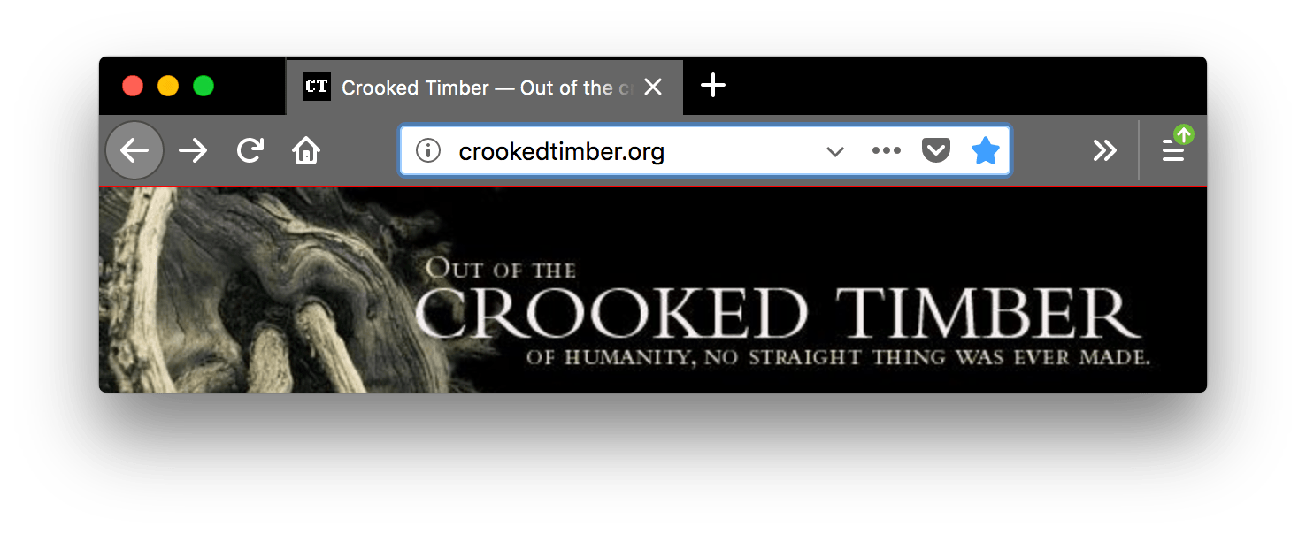 Firefox ist schwarz. Der Tab und die URL-Leiste sind heller grau mit weißem Text und weißen Symbolen. Eine horizontale rote Linie trennt den unteren Rand der Symbolleiste vom darunter angezeigten Webseiteninhalt.