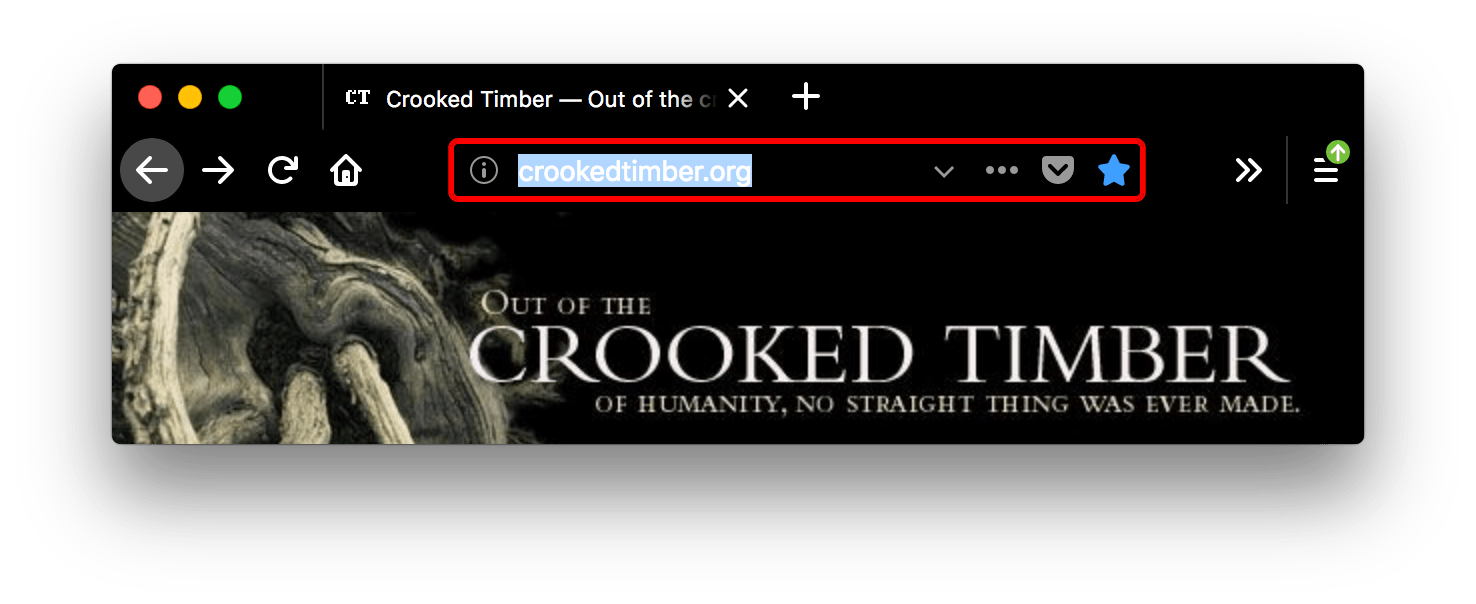 Firefox ist schwarz. Der Tab und die URL-Leiste sind schwarz mit weißem Text und weißen Symbolen. Das Feld der URL-Leiste ist fokussiert und rot umrandet.