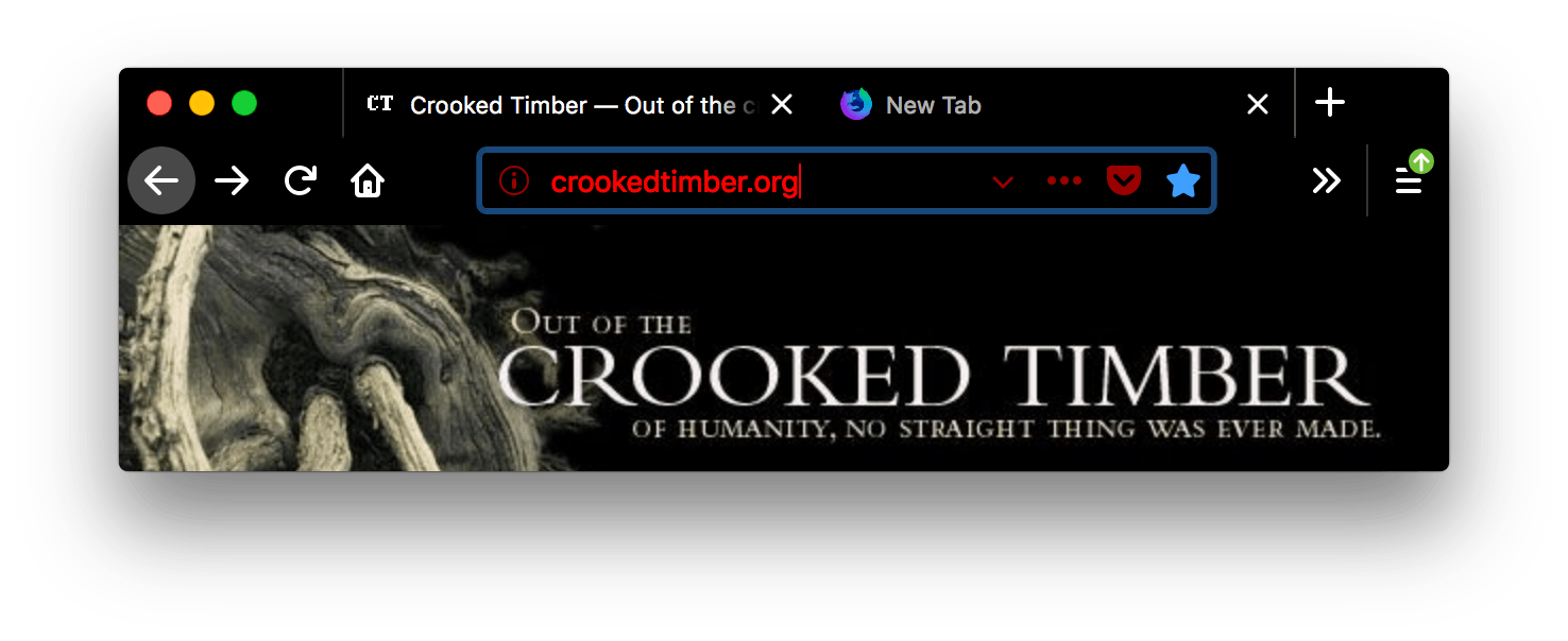 Screenshot eines Browserfensters mit zwei geöffneten Tabs. Der Browser ist schwarz. Der Tab und die URL-Leiste sind schwarz mit weißem Text und weißen Symbolen. Die URL-Leiste ist fokussiert; Text und Symbole darin sind rot auf schwarzem Hintergrund.