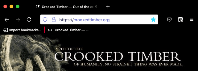 Screenshot eines Browserfensters mit einem geöffneten Tab. Der Browser ist schwarz. Der Tab und die URL-Leiste sind schwarz mit weißem Text und weißen Symbolen. Die vertikale Linie, die die Lesezeichen-Symbolleiste vom rechts danebenliegenden Inhalt trennt, ist rot.