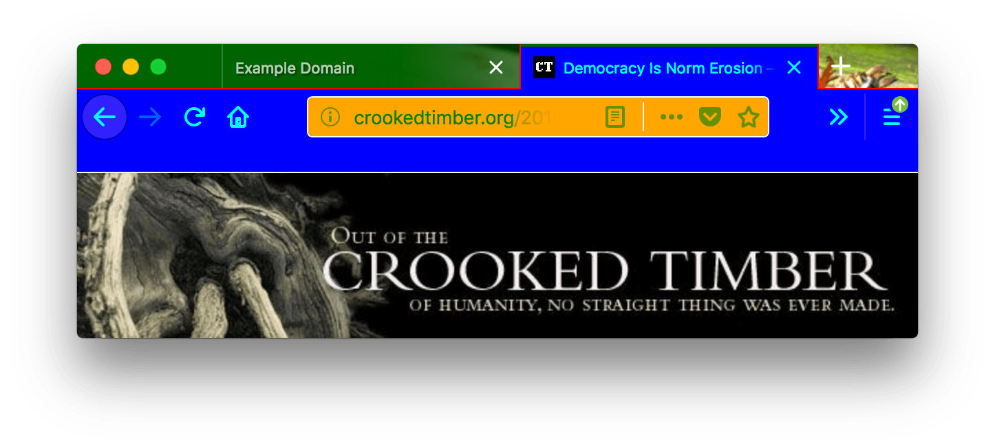 Ein Browserfenster mit zwei geöffneten Tabs und einem dunkelgrünen Hintergrund im Header-Bereich. Der inaktive Tab hat weißen Text. Der aktive Tab und die Symbolleiste haben einen blauen Hintergrund mit türkisfarbenem Text. Die URL-Leiste hat einen orangefarbenen Hintergrund mit weißen Rahmen, grünen Text und eine weiße vertikale Trennlinie. Eine rote Linie trennt die Tabs am oberen Rand, und eine weiße Linie trennt die Tabs vom darunterliegenden Inhalt.