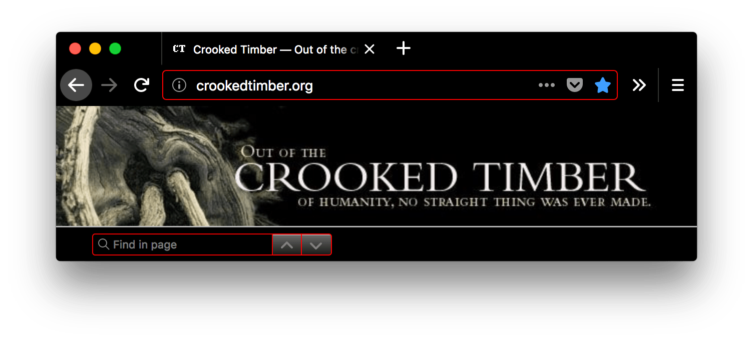 Firefox ist schwarz. Der Tab, die Suchleiste und die URL-Leiste sind schwarz mit weißem Text und weißen Symbolen. Die Felder der URL-Leiste und der Suchleiste sind rot umrandet.