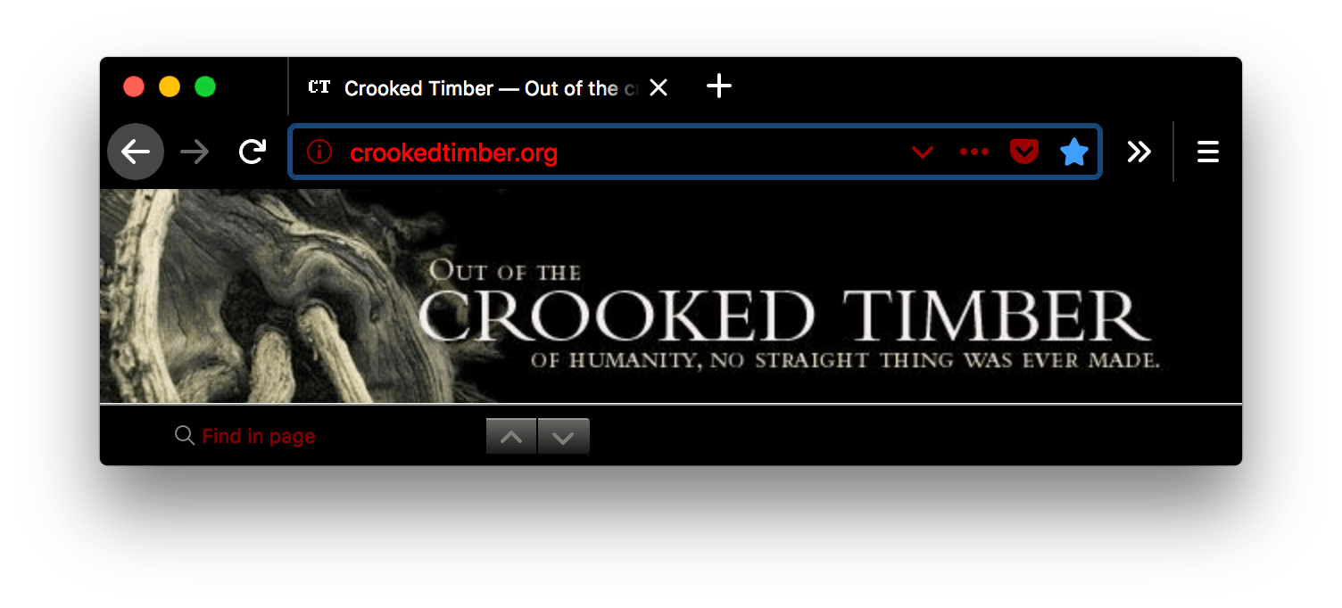 Screenshot eines Browserfensters mit einem geöffneten Tab. Der Browser ist schwarz. Der Tab und die URL-Leiste sind schwarz mit weißem Text und weißen Symbolen. Der Text in der URL-Leiste ist rot. Auch das Suchfeld hat roten Text auf schwarzem Hintergrund.