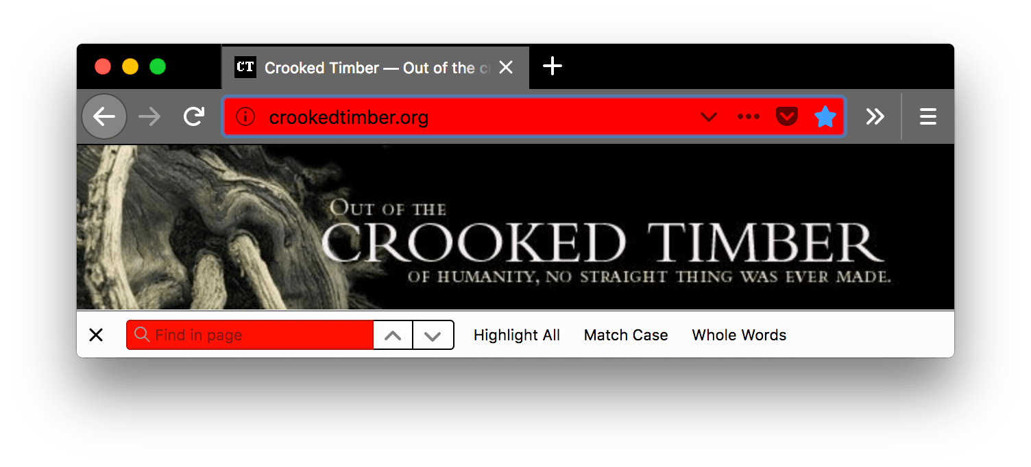 Firefox ist schwarz. Der Tab, die Suchleiste und die URL-Leiste sind heller grau mit weißem Text und weißen Symbolen. Das Feld der URL-Leiste hat einen roten Hintergrund. Die Suchleiste ist weiß mit schwarzem Text; ihr Suchfeld ist rot mit schwarzem Text.