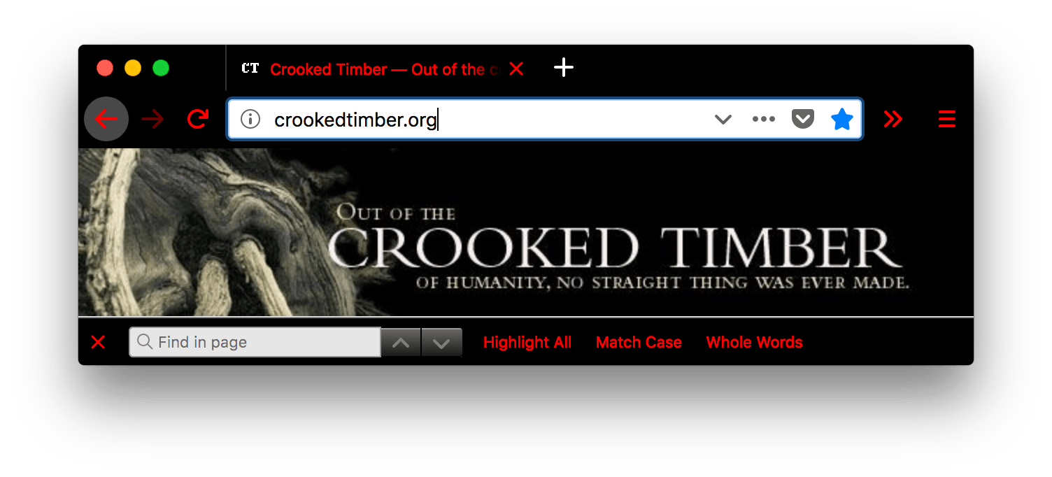 Screenshot eines Browserfensters mit einem geöffneten Tab. Der Browser ist schwarz. Der Tab, die Suchleiste und die URL-Leiste sind schwarz mit rotem Text und roten Symbolen. Der Text im aktiven Tab, in der Navigationsleiste und in der Suchleiste ist rot.