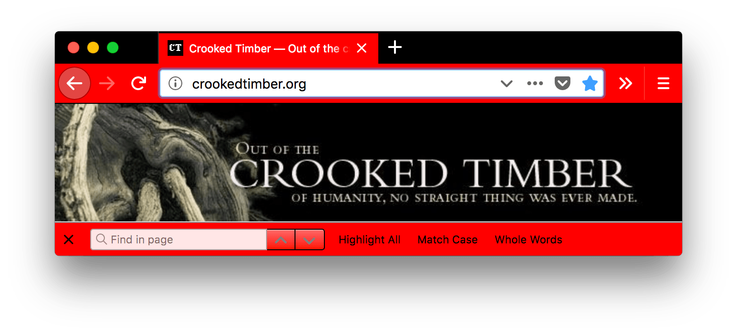 Firefox ist schwarz. Der Tab, die Suchleiste und die URL-Leiste sind rot mit weißem Text und weißen Symbolen. In der Suchleiste sind Text und Symbole dagegen schwarz.