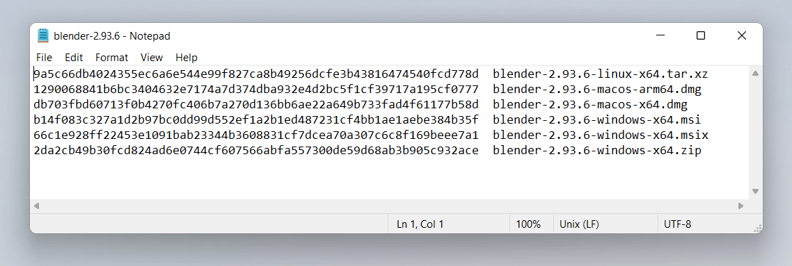 Beispiele für SHA256 aus dem Download der Software „Blender“. Sie sehen aus wie 64 hexadezimale Ziffern, gefolgt von einem Dateinamen wie „blender.zip“.