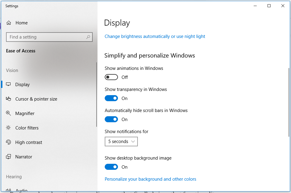 Capture d'écran montrant comment désactiver les animations sous Windows 10