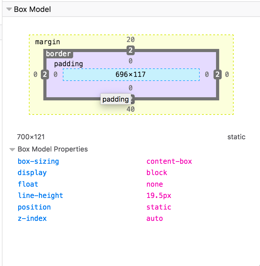 Screenshot des Box-Model-Panels in den Entwicklerwerkzeugen des Browsers, das die vier Werte für Rand, Rahmen und Polsterung zusammen mit Höhe und Breite in einer Grafik oben und Auflistungen von Box-Größe, Anzeige, Float, Zeilenhöhe, Position und Z-Index unter der Grafik zeigt.