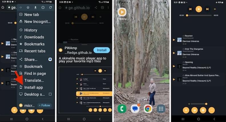 PWA-Installation in Chrome für Android mit Bestätigung, Startbildschirmsymbol und Offline-Erlebnis.