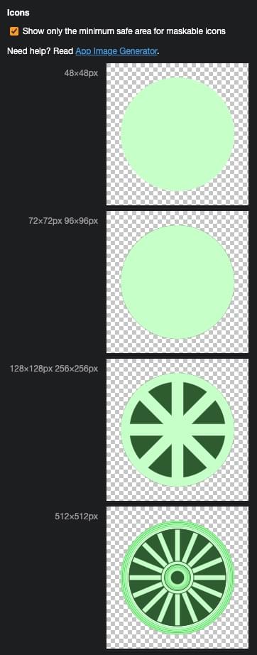 The four icons included in the Manifest file, with the background removed as "show only the minimum safe area for maskable icons" is checked.