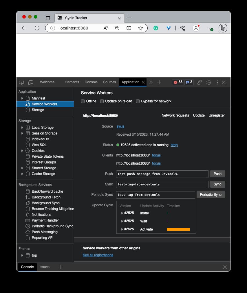 Edge-Entwicklertools, die das Anwendungspanel zeigen, das auf einen Service Worker gesetzt ist