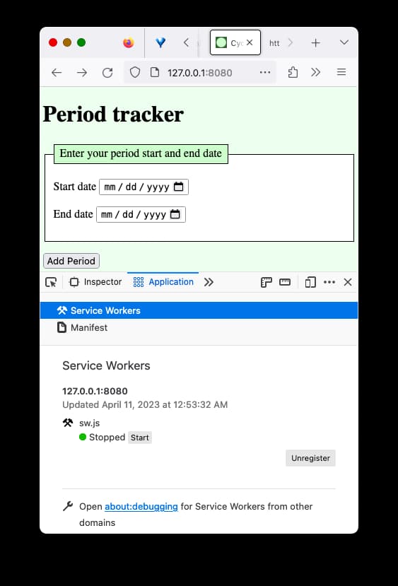 Firefox-Entwicklertools-Anwendungspanel mit einem gestoppten Service Worker und einer Unregister-Schaltfläche