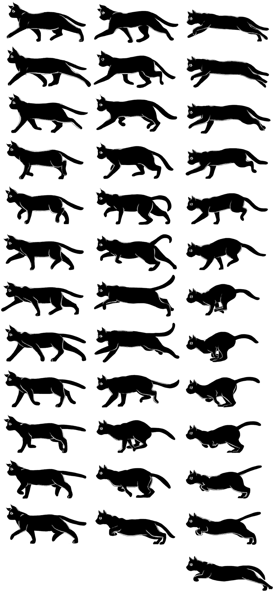 A sprite sheet with three columns, each column containing a sequence of images of a black cat moving to the left at different paces. Each sprite is 300 pixels wide and 150 pixels high.